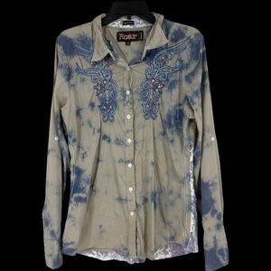 Roar Signature XL Tie Dye Embroidered Rhinestone Lace Western Button Shirt